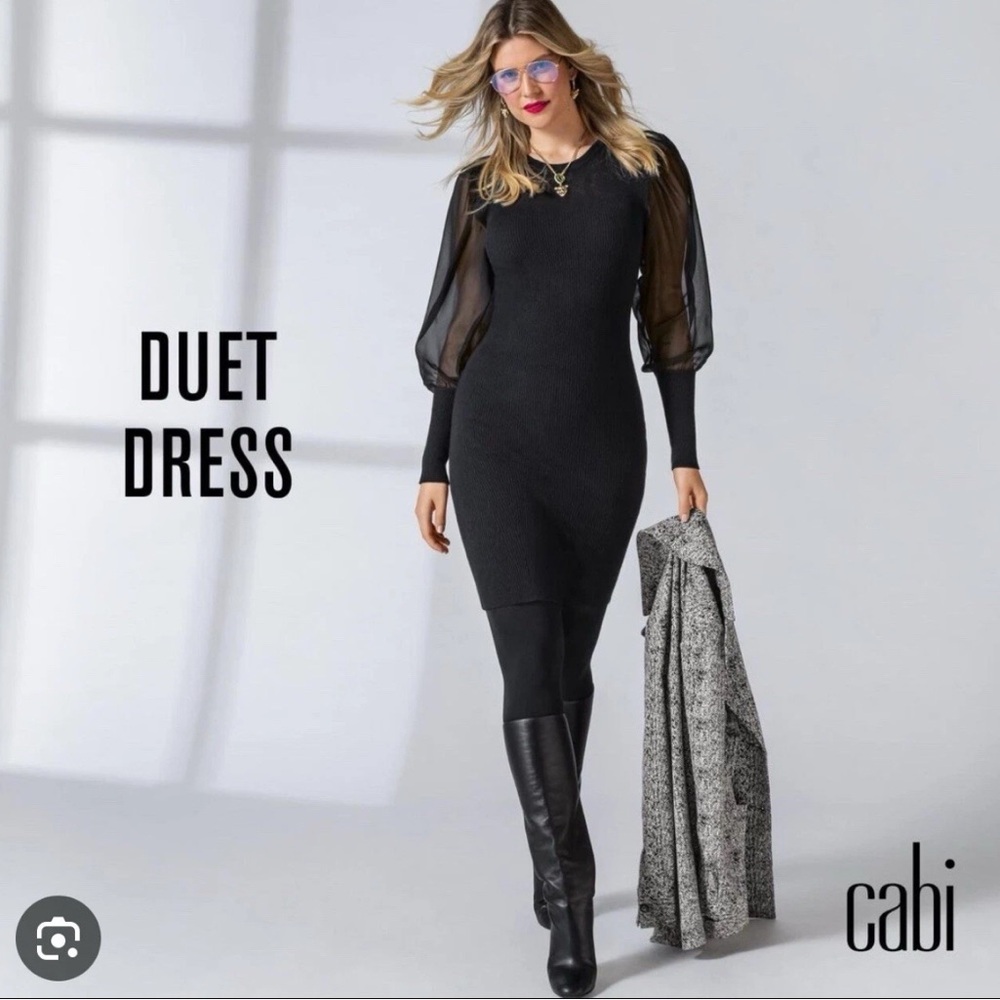 CAbi Elegant Black Long Sleeve Duet Dress 4455 Size Large Body Contour
